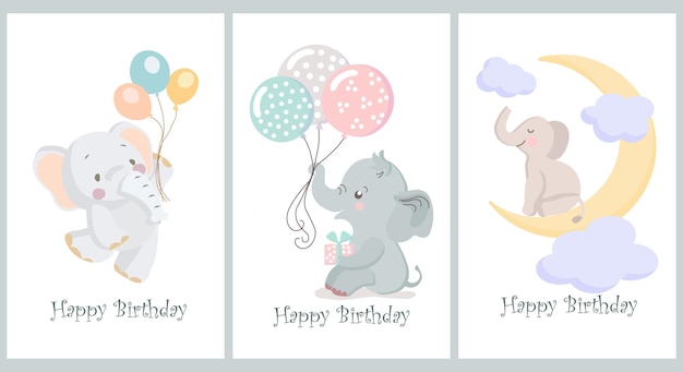 Set of childrens cards Happy birthday cute baby elephants with balloons