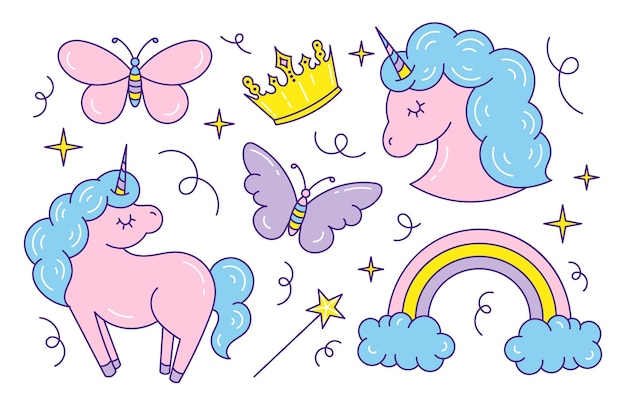 Vettore una serie di adesivi con illustrazioni per bambini con unicorni in stile cartone animato doodle