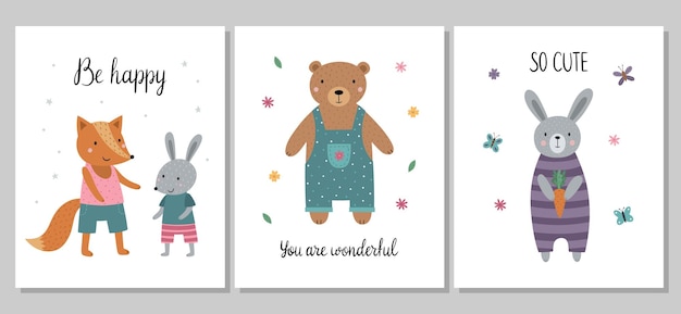 A set of childrens posters Funny fox and rabbit cute bear in overalls cartoon hare with a carrot