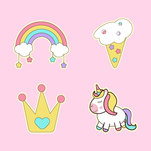 Set of childrens stickers rainbow crown ice cream and unicorn