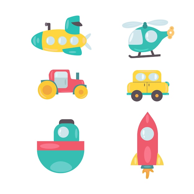 A set of childrens transport Rocket car boat tractor and helicopter