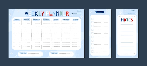 Set childrens weekly planner and todo list pages flat vector illustration