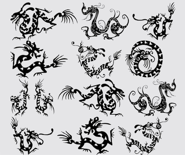 Set of Chinese dragon black vector