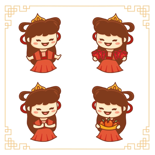 Set of chinese goddess pose. happy chinese new year. kawaii cartoon