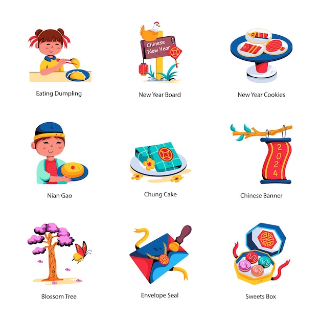 set of chinese heritage flat icons