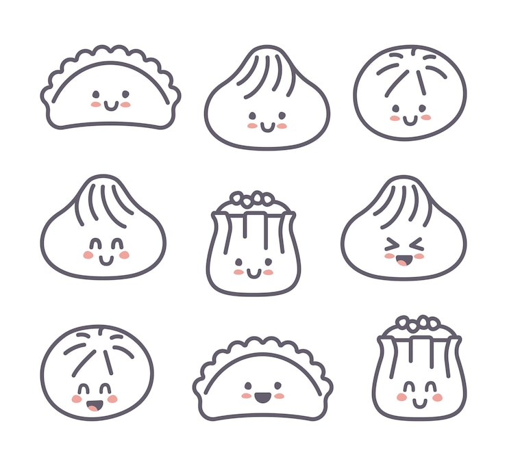 Vector set of chinese kawaii dumplings xiao long bao siu mai baozi vector stylized line art elements