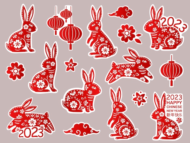 Set of chinese new year 2023 of the rabbit stickers with red paper cut art.