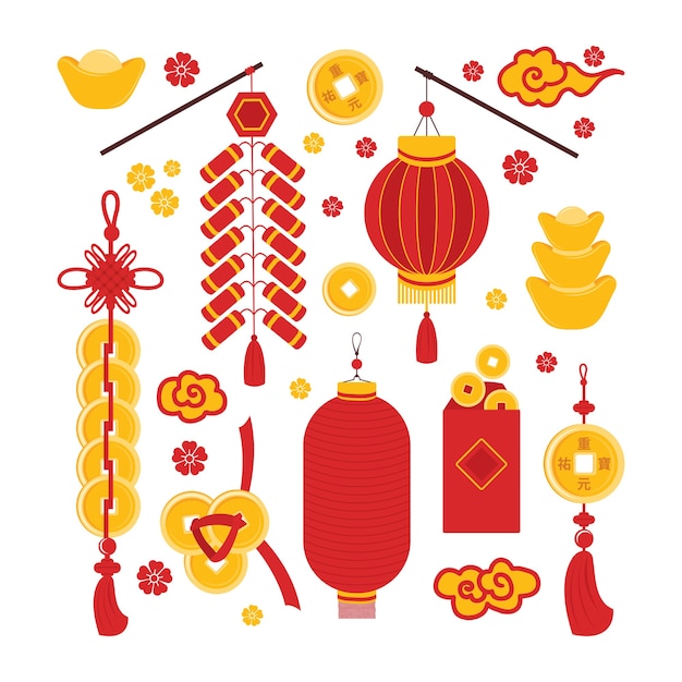 Vector set chinese new year symbols good luck, prosperity and wealth isolated. traditional asian elements