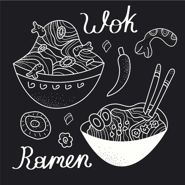 Set chinese noedels ramen en groenten in kom