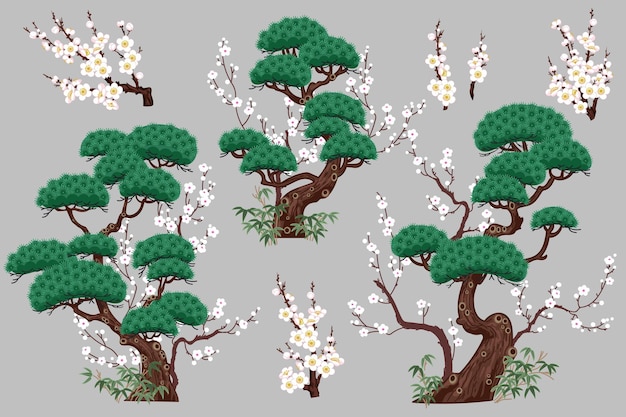 Set di elementi di pittura cinese vettore alberi di pino e cespugli di bambù in fiore di prugna
