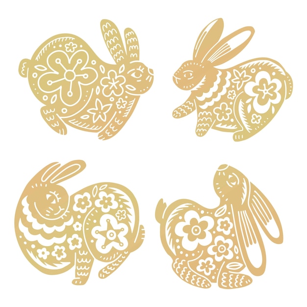 Set of chinese rabbits collection of golden bunnies isolated on white background symbol of 2023 year with flower decoration vector paper cut elements