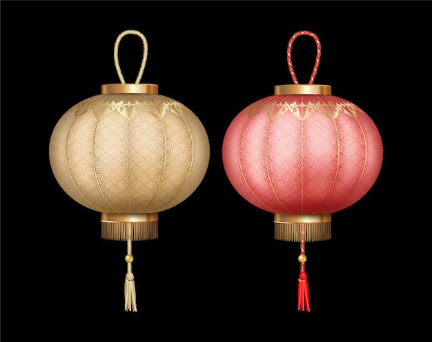 Set of Chinese silk lanterns on black background