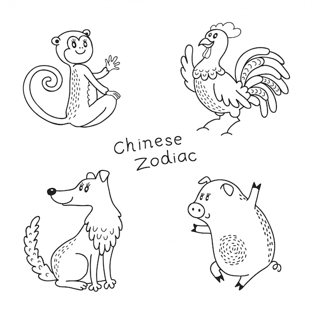 Set of the chinese zodiac signs: monkey, rooster, dog, pig