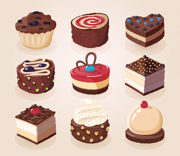 Set chocoladesnoepjes, cakes en ander chocoladevoedsel.