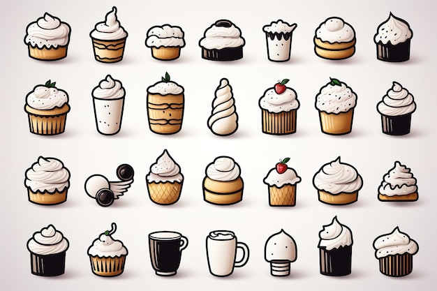 set of chocolate desserts and drinks Cupcake milkshakes ice cream and hot chocolate on white bac