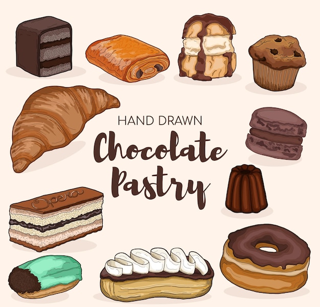 Impostare la collezione di torte di pasticceria francese al cioccolato illustrazione vettoriale colorata