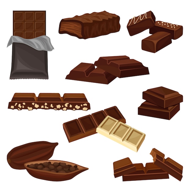 Set di prodotti al cioccolato. caramelle, pezzi di barrette e semi di cacao pieni di semi. cibo dolce. elementi per poster o banner del negozio di caramelle