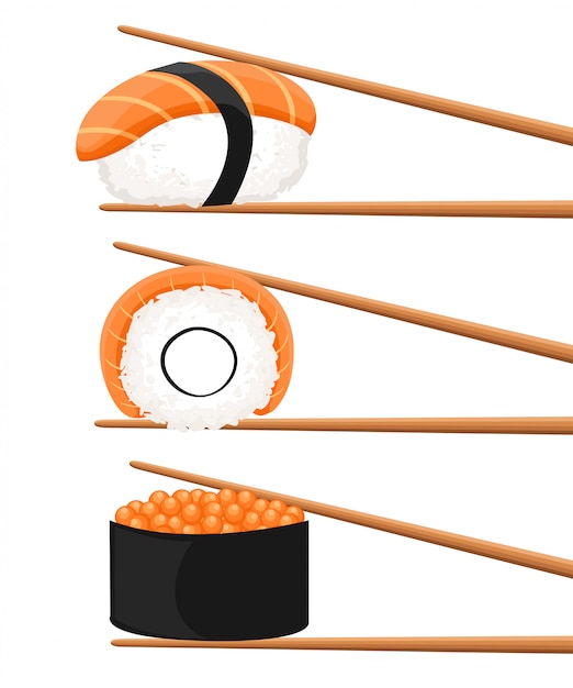 Set di bacchette che tengono il rotolo di sushi. concetto di spuntino, susi, nutrizione esotica, ristorante di sushi, frutti di mare. su sfondo bianco. illustrazione del logotipo moderno di tendenza di stile