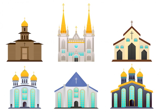 Vector set of christian, catholic church or cathedrals building.