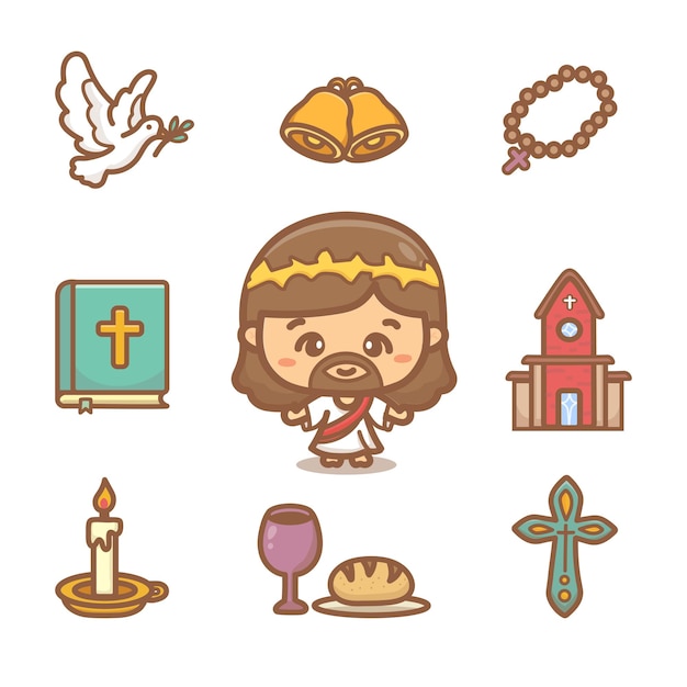 Vettore set di clipart del cristianesimo. vari elementi religiosi e simpatici personaggi dei cartoni animati di gesù