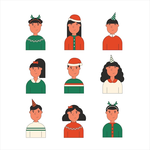 Set of Christmas avatars People head portrait collection Different characters in christmas clothes and accessories Flat vector illustration