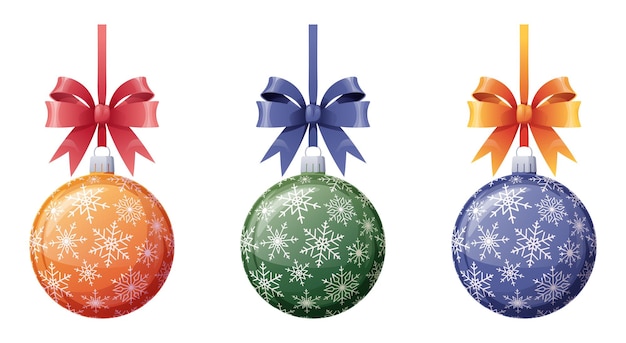 Set of Christmas balls with ribbon and bow isolated on a white background. Christmas toys with snowf