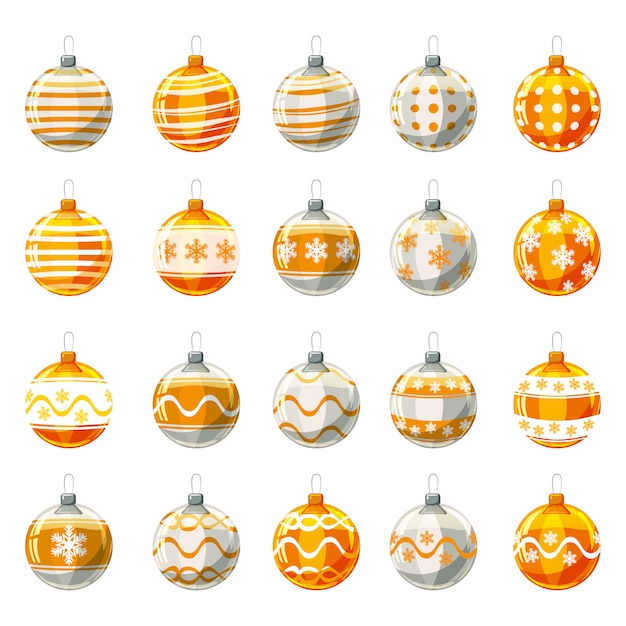 Set of christmas balls yellow, gold colour decorated