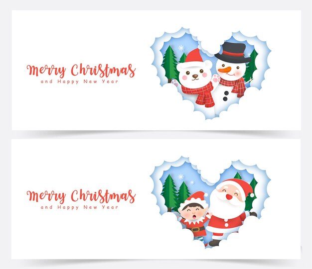 Set di banner di natale con babbo natale e amici in carta tagliata e stile artigianale.