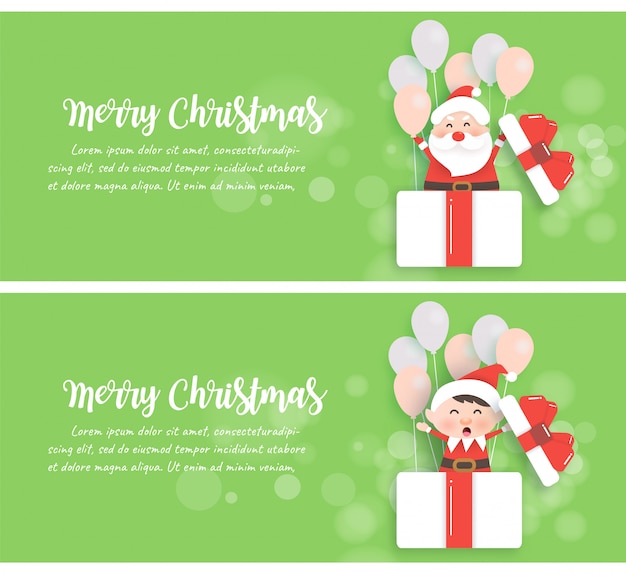 Set di banner di natale con babbo natale ed elfo in piedi in una confezione regalo