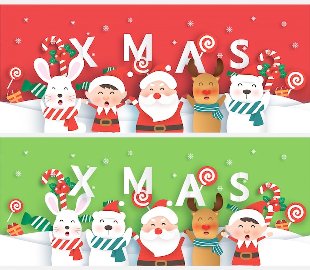 Set of christmas banners with santa and friends in paper cut style