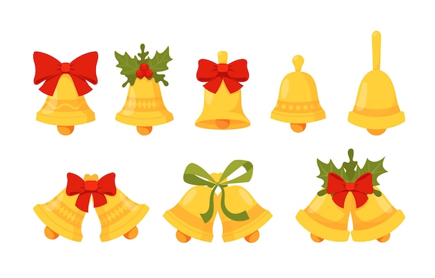 Set of Christmas Bells with Red Ribbons, Mistletoe and Foliage, Xmas Holidays Decor, Design Elements for Greeting Cards, Jingle Bells Isolated on White Background. Cartoon Vector Illustration, Icons