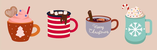 Set Of Christmas Beverages Drinks With Marshmallow Colorful Vector Illustration In Flat Style