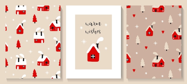 Vector set of christmas card and seamless patterns with cute cozy house in scandinavian style hygge
