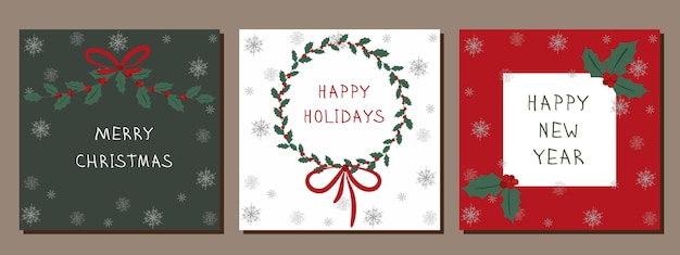 a set of christmas cards christmas banner christmas wreath with a bow christmas tree branches ch