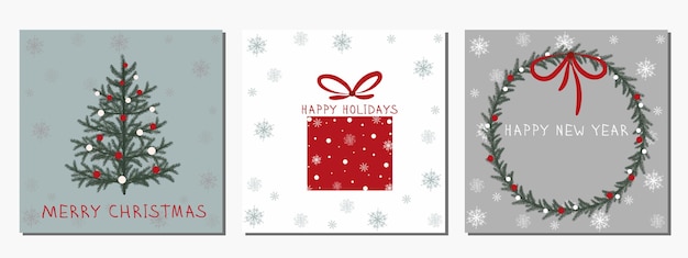A set of Christmas cards Christmas banner Christmas wreath with bow Christmas tree branches flow