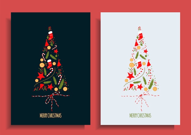 Set of Christmas Cards. Christmas Tree Made of Objects. New Year Postcard. Cartoon illustration hand drawn.