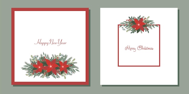 Vector a set of christmas cards with a composition with green twigs and red flowers in red colors