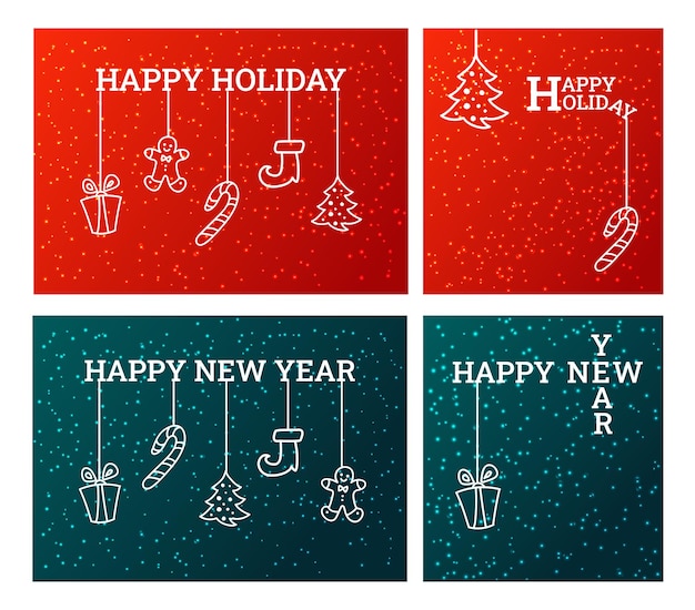 A set of Christmas cards with contour elements in red and blue. Vector illustration.