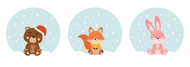 귀여운 동물, 토끼, 테디베어, 다람쥐가 있는 크리스마스 카드 세트.