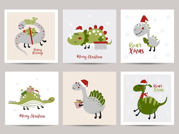 Set di cartoline di natale con simpatici dinosauri. perfetto per la cameretta dei bambini, la decorazione della scuola materna, i poster e le decorazioni da parete