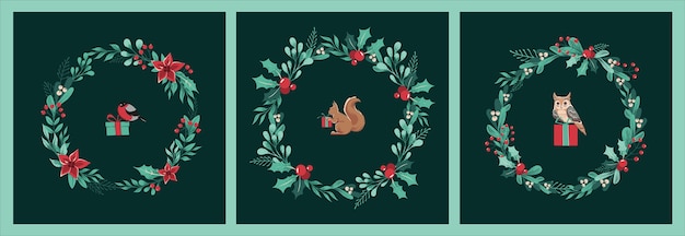 Set of christmas cards of wreaths of twigs, leaves, berries, holly, with squirrel, bullfinch and owl, gifts in the center.