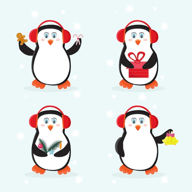 Vector set of christmas characters penguins. cartoon style.