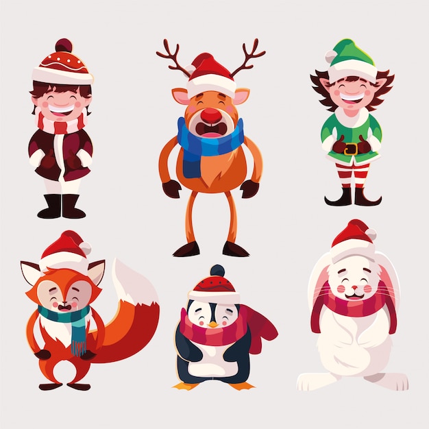 Set of christmas characters with animals