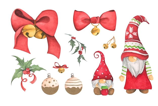 Set of christmas decorations watercolor elements on white background