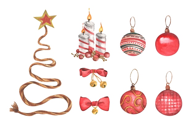 Set of christmas decorations watercolor elements on white background