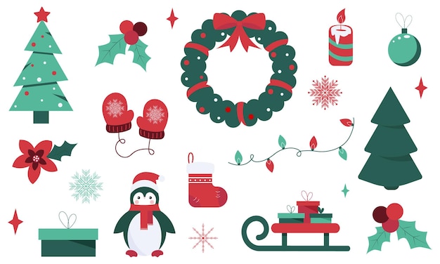 Set of christmas decorative icons.christmas tree,wreath,snowflakes,gift boxes,holly,garland and more