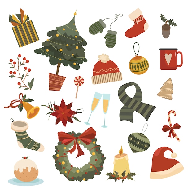 Vector set of christmas elements. a collection of cartoon drawings