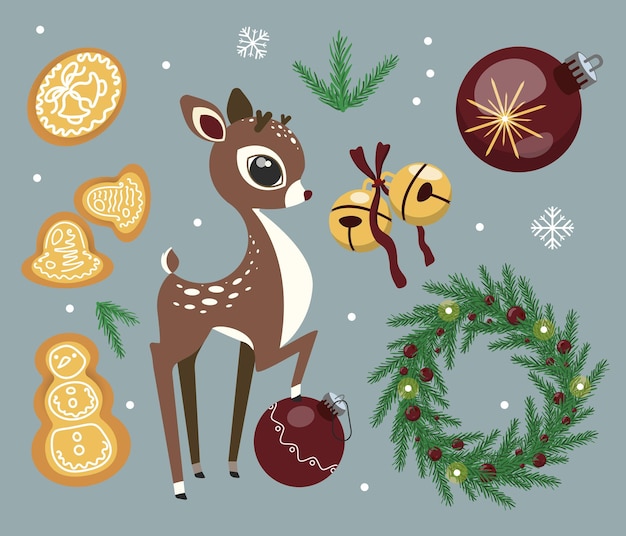 Набор рождественских элементов. Печенье, олени, колокольчики, шары, венок, веточки. Векторная иллюстрация.