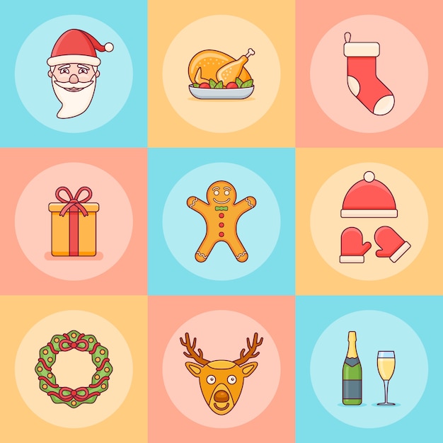 Vector set of christmas elements. santa claus, gift box, wreath, sock, deer and other.