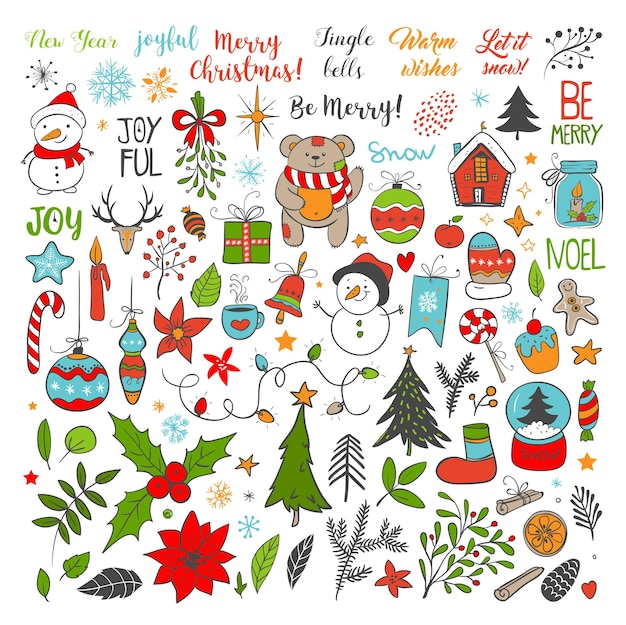 Набор рождественских элементов. Снежинки, Санта-Клаус, новогодняя елка, подарки, каллиграфия, надписи, животные и другие элементы. Векторная иллюстрация.